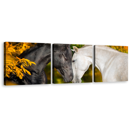 Elegant Horses Canvas Wall Art, Black and White Romantic Horses 3 Piece Canvas Set, 2 Horses in Orange Autumn Canvas Print