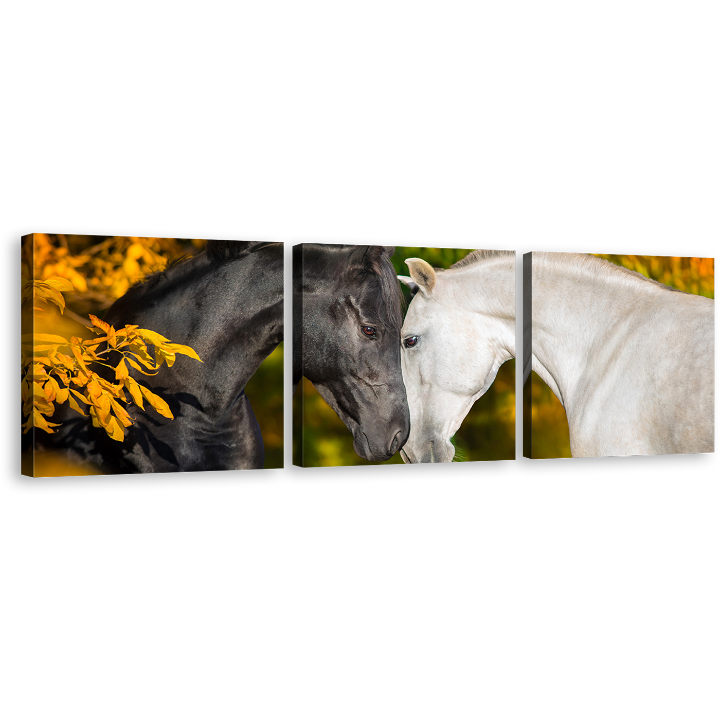 Elegant Horses Canvas Wall Art, Black and White Romantic Horses 3 Piece Canvas Set, 2 Horses in Orange Autumn Canvas Print