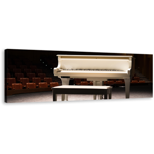 Elegant Piano Canvas Wall Art, Grand White Piano 1 Piece Wide Canvas, Brown Chairs Piano Concert Canvas Print