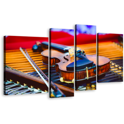 Elegant Violin Canvas Wall Art, Colorful Violin Instrument 4 Piece Canvas Print, Musical Violin Close Up Canvas Set