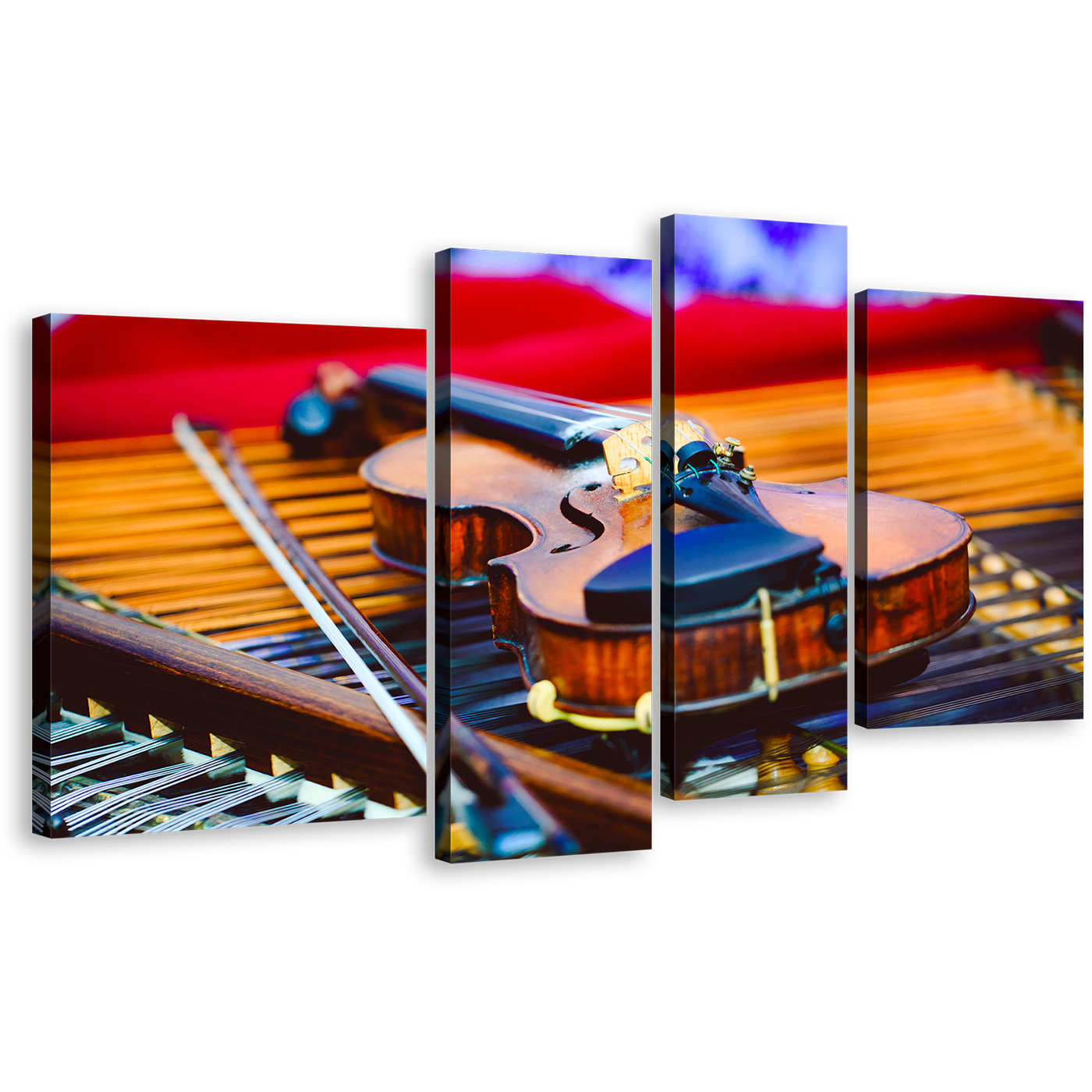 Elegant Violin Canvas Wall Art, Colorful Violin Instrument 4 Piece Canvas Print, Musical Violin Close Up Canvas Set