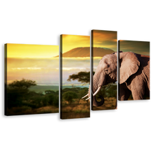 Load image into Gallery viewer, Elephant Animal Canvas Print, Yellow Sunset Elephant Scenery 4 Piece Canvas Wall Art, Brown Elephant Profile Multiple Canvas
