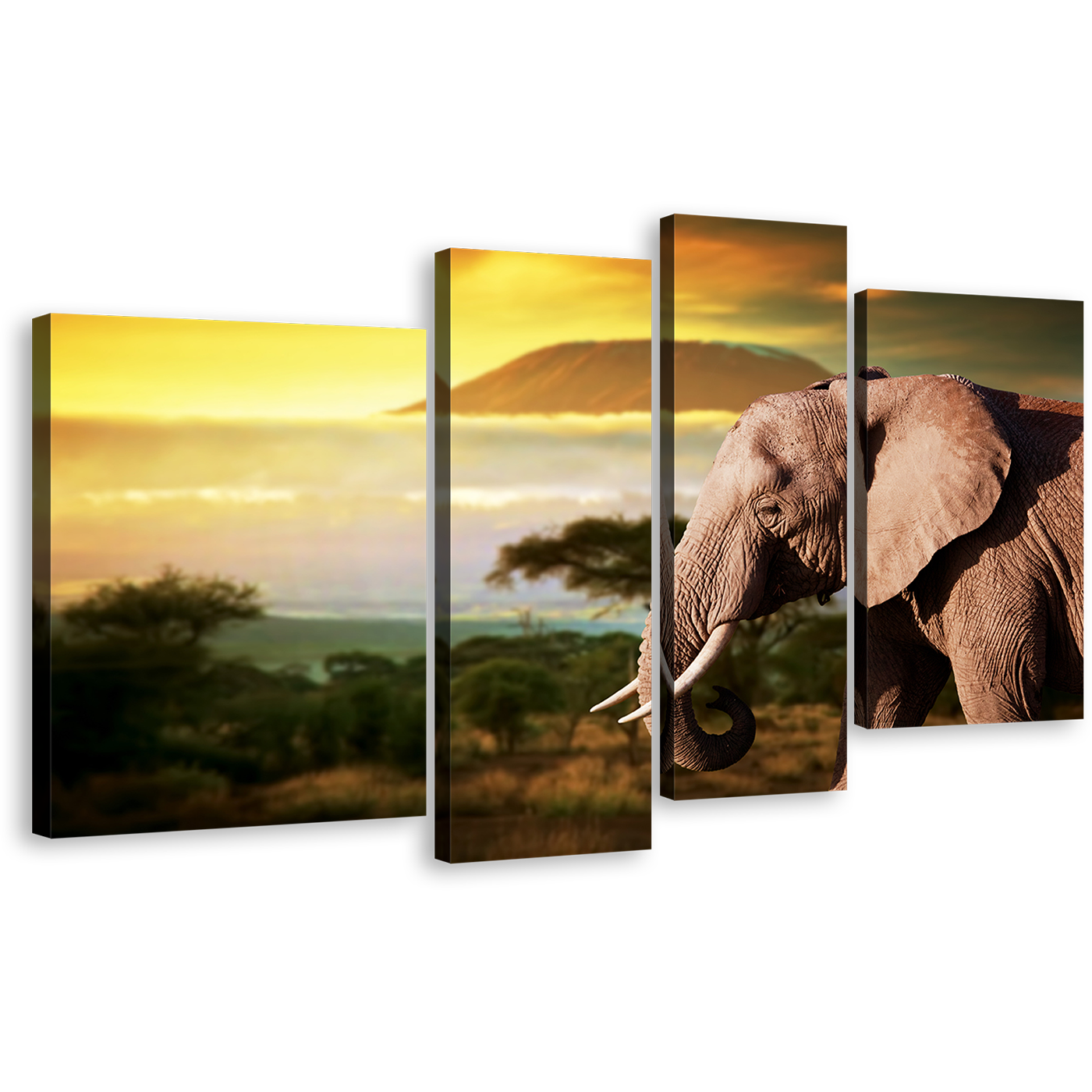 Elephant Animal Canvas Print, Yellow Sunset Elephant Scenery 4 Piece Canvas Wall Art, Brown Elephant Profile Multiple Canvas