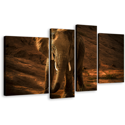 Elephant Desert Canvas Print, Brown Isolated Animal 4 Piece Wall Art, Orange Elephant Digital Painting Multi Canvas