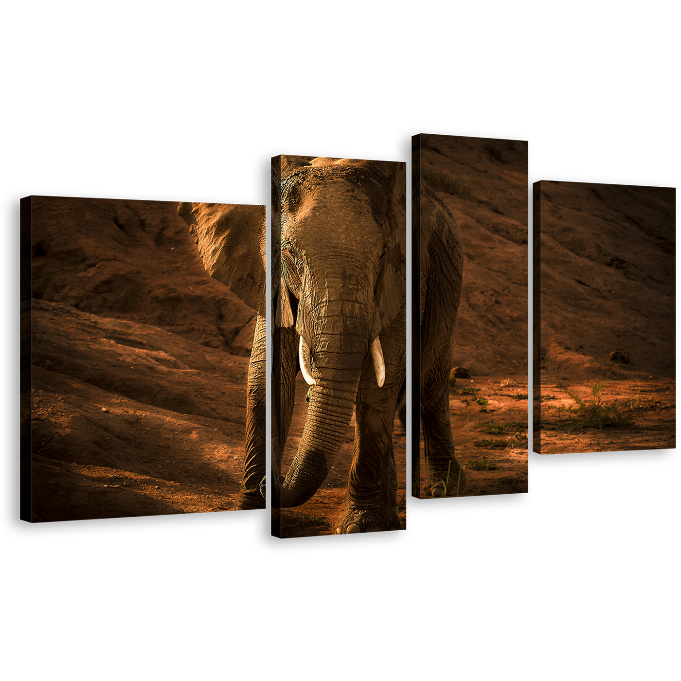 Elephant Desert Canvas Print, Brown Isolated Animal 4 Piece Wall Art, Orange Elephant Digital Painting Multi Canvas