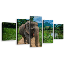 Load image into Gallery viewer, Elephant Front Canvas Wall Art, Grey Elephant Landscape Canvas Print, Elephant Green Scenery 5 Piece Multiple Canvas
