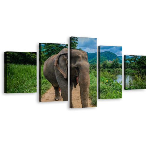 Elephant Front Canvas Wall Art, Grey Elephant Landscape Canvas Print, Elephant Green Scenery 5 Piece Multiple Canvas