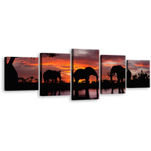 Load image into Gallery viewer, Elephant Landscape Canvas Print, Elephant in Orange Nature Multi Canvas Artwork, Black Elephant Lake 5 Piece Canvas Wall Art
