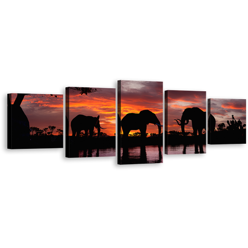 Elephant Landscape Canvas Print, Elephant in Orange Nature Multi Canvas Artwork, Black Elephant Lake 5 Piece Canvas Wall Art