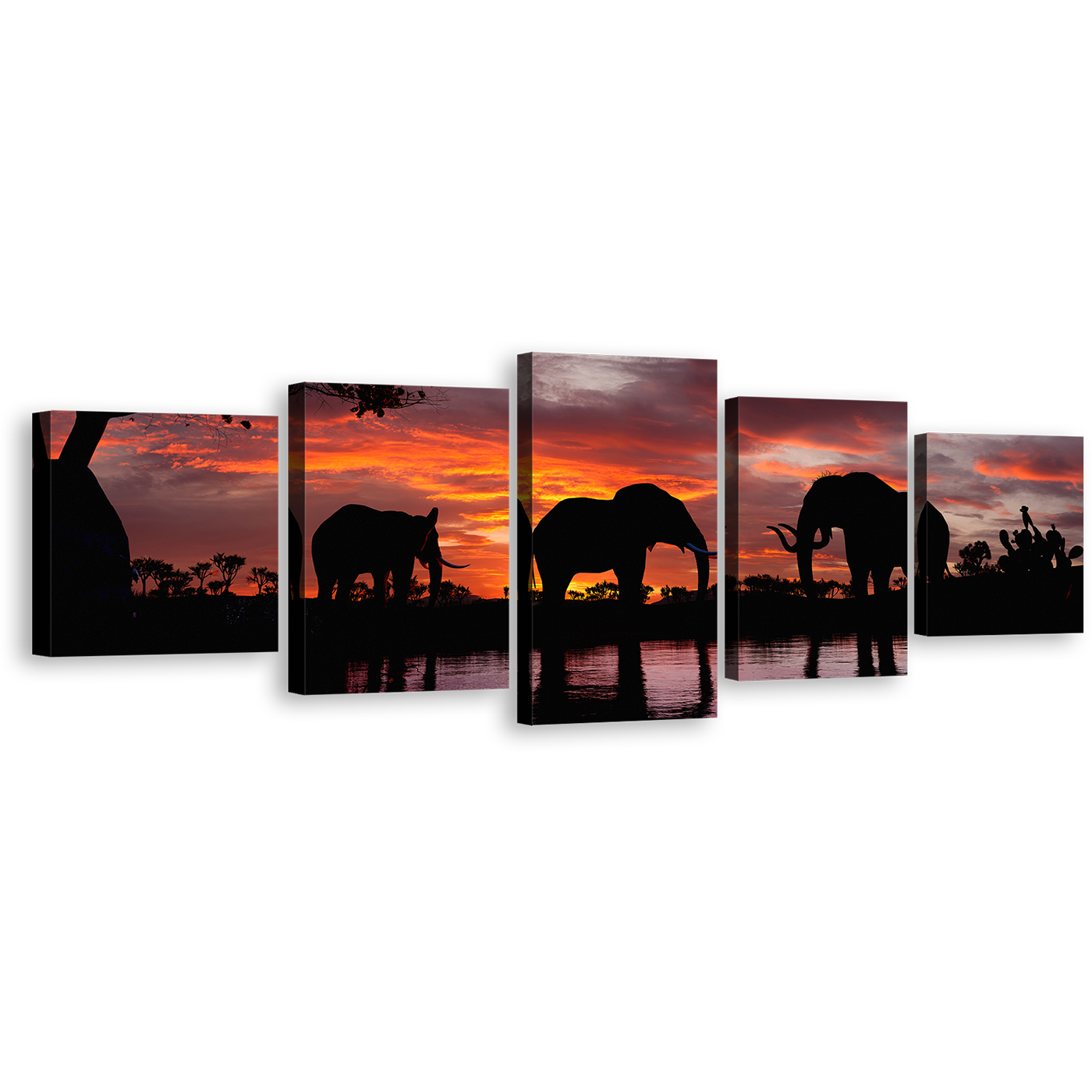 Elephant Landscape Canvas Print, Elephant in Orange Nature Multi Canvas Artwork, Black Elephant Lake 5 Piece Canvas Wall Art