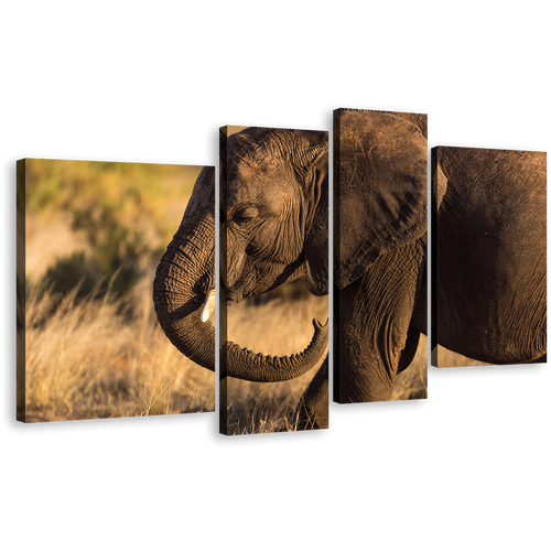 Elephant Landscape Canvas Wall Art, Elephant Green Scenery 4 Piece Canvas Print, Brown Elephant Smiling Canvas Set