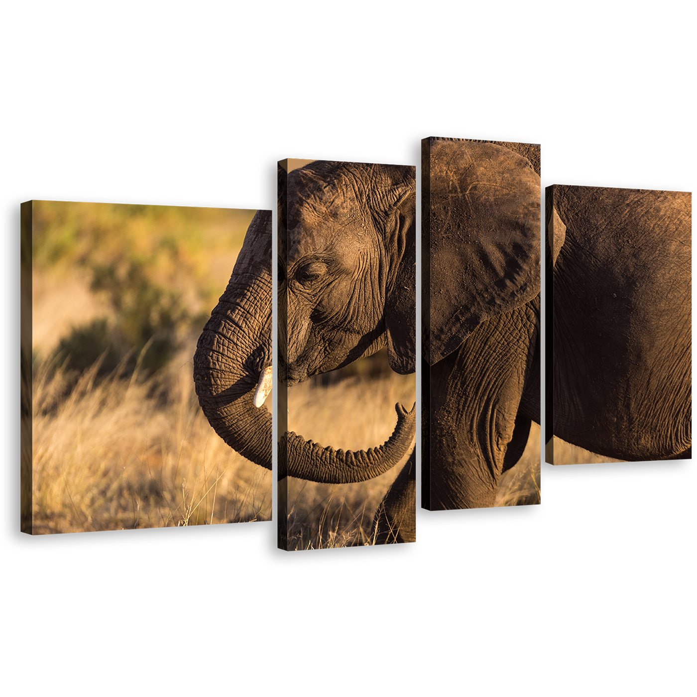 Elephant Landscape Canvas Wall Art, Elephant Green Scenery 4 Piece Canvas Print, Brown Elephant Smiling Canvas Set