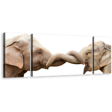 Load image into Gallery viewer, Elephant Love Canvas Wall Art, Grey Brown Elephant Profile 3 Piece Canvas Set, Elephant Hug Canvas Print
