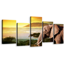 Load image into Gallery viewer, Elephant Nature Canvas Wall Art, Elephant Profile Canvas Set, Yellow Sunset Elephant Scenery Canvas Print, Brown Elephant Animal 5 Piece Canvas
