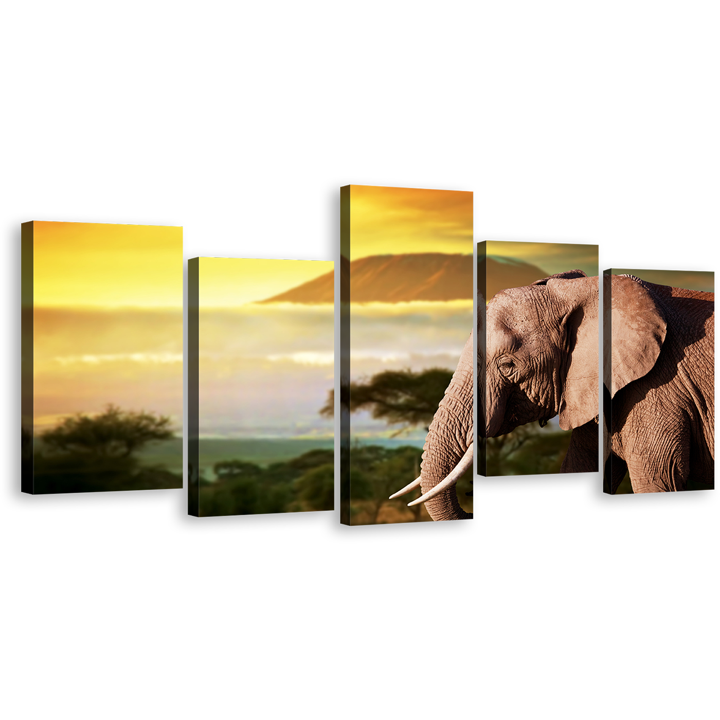 Elephant Nature Canvas Wall Art, Elephant Profile Canvas Set, Yellow Sunset Elephant Scenery Canvas Print, Brown Elephant Animal 5 Piece Canvas