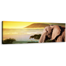 Load image into Gallery viewer, Elephant Profile Canvas Wall Art, Brown Elephant Art Print, Yellow Sunset Elephant Scenery 1 Piece Canvas Artwork
