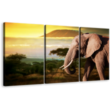 Load image into Gallery viewer, Elephant Scenery Canvas Wall Art, Brown Elephant Profile 3 Piece Canvas Set, Yellow Sunset Elephant Art Print
