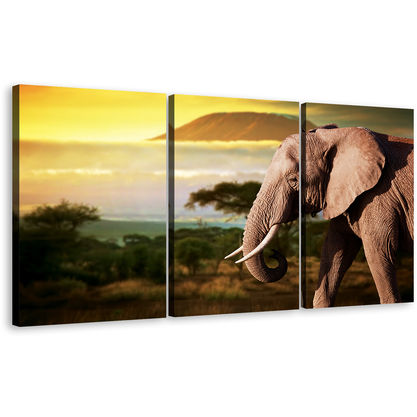 Elephant Scenery Canvas Wall Art, Brown Elephant Profile 3 Piece Canvas Set, Yellow Sunset Elephant Art Print