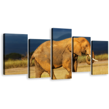 Load image into Gallery viewer, Elephant Scenery Canvas Wall Art, Orange African Elephant 5 Piece Multi Canvas Artwork, Elephant Art Print
