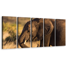 Load image into Gallery viewer, Elephant Smile Canvas Wall Art, Elephant Green Landscape Scenery Elephant Canvas Print, Brown Elephant Profile 5 Piece Multiple Canvas
