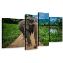 Load image into Gallery viewer, Elephant Smiling Canvas Print, Isolated Elephant Green Scenery 4 Piece Canvas Wall Art, Grey Elephant Front Canvas Set
