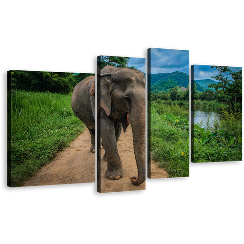 Elephant Smiling Canvas Print, Isolated Elephant Green Scenery 4 Piece Canvas Wall Art, Grey Elephant Front Canvas Set