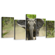 Load image into Gallery viewer, Elephant Walking Canvas Wall Art, Green Forest Isolated Elephant 5 Piece Canvas Print, Grey Elephant Running Multiple Canvas
