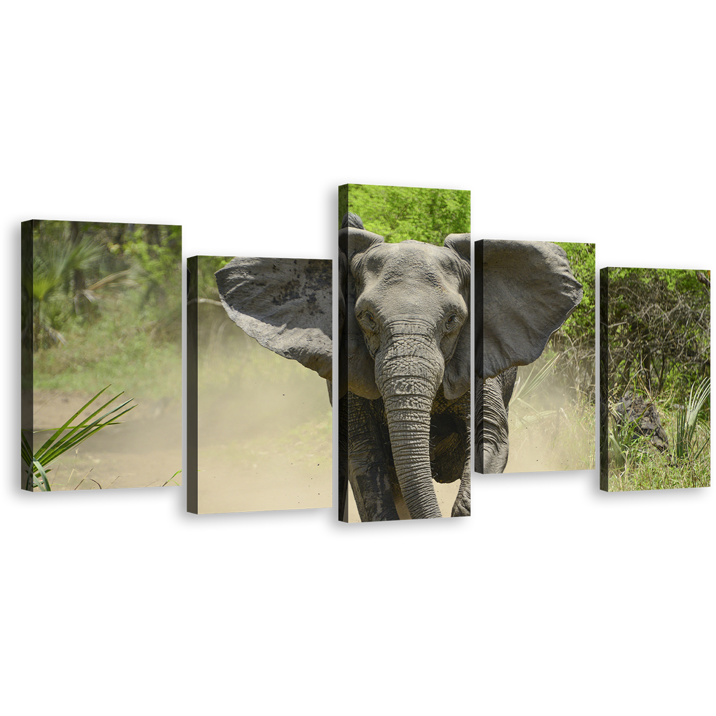 Elephant Walking Canvas Wall Art, Green Forest Isolated Elephant 5 Piece Canvas Print, Grey Elephant Running Multiple Canvas