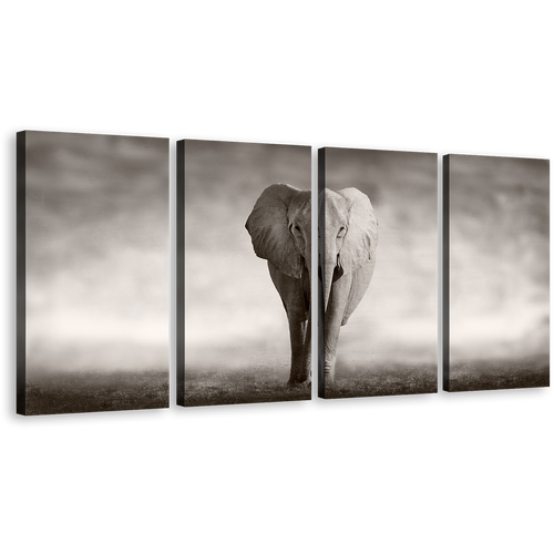 Elephant Walking Canvas Wall Art, Isolated Elephant Black and White Canvas Print, Grey Elephant Animal 4 Piece Canvas Set