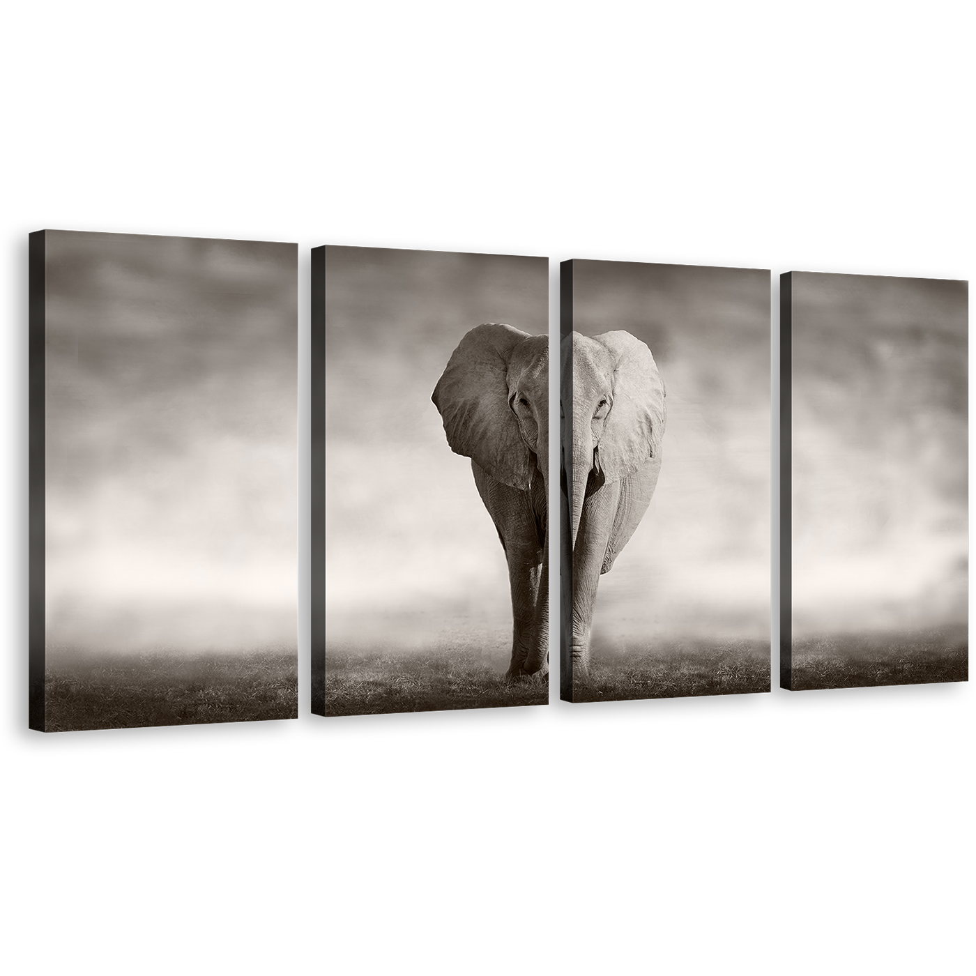 Elephant Walking Canvas Wall Art, Isolated Elephant Black and White Canvas Print, Grey Elephant Animal 4 Piece Canvas Set