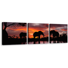 Load image into Gallery viewer, Elephants Family Canvas Wall Art, Black Group Elephant 3 Piece Canvas Print, Elephant in Orange Nature Multiple Canvas
