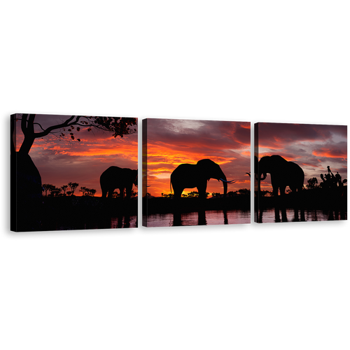 Elephants Family Canvas Wall Art, Black Group Elephant 3 Piece Canvas Print, Elephant in Orange Nature Multiple Canvas