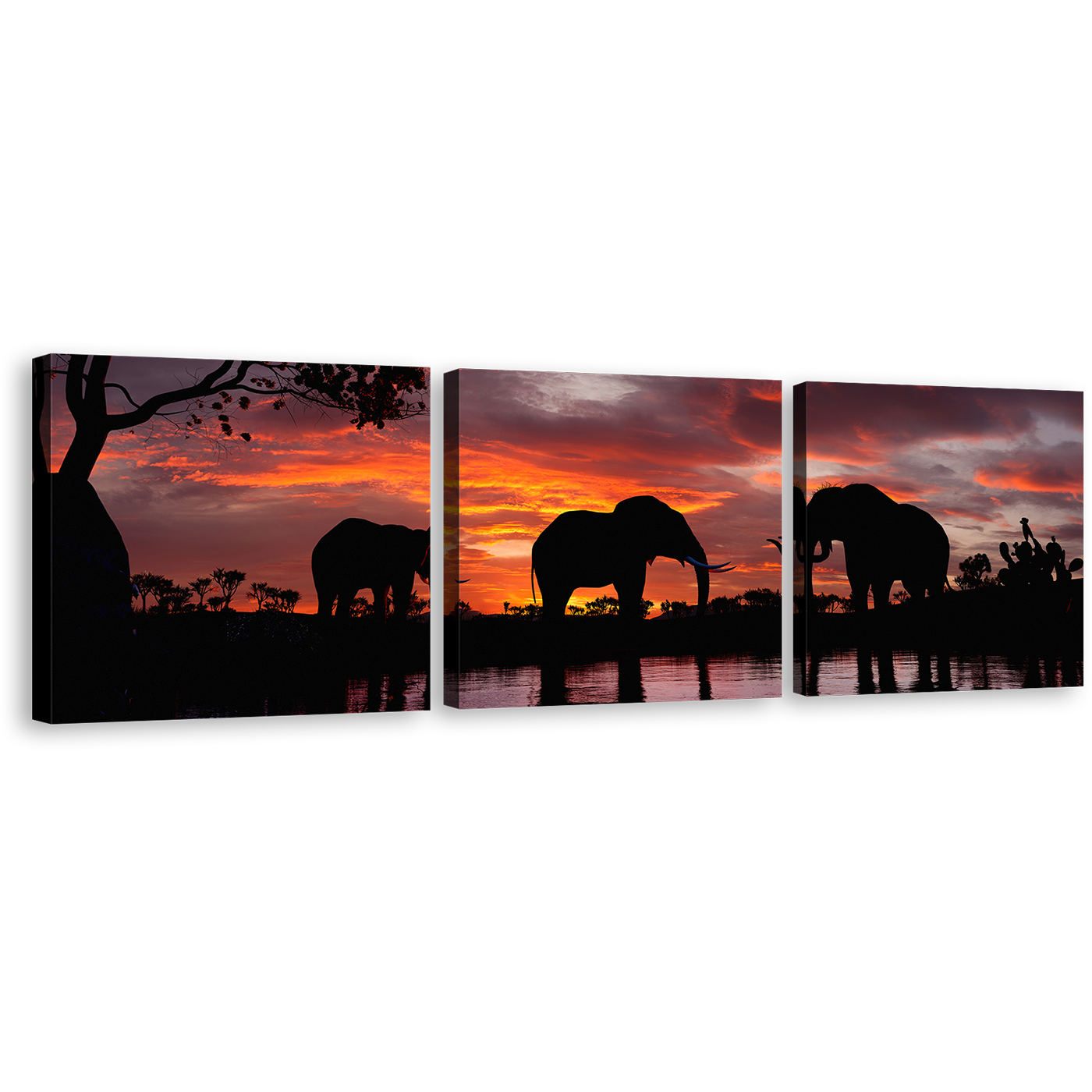 Elephants Family Canvas Wall Art, Black Group Elephant 3 Piece Canvas Print, Elephant in Orange Nature Multiple Canvas