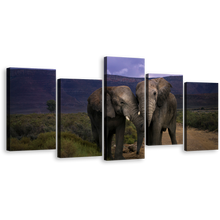 Load image into Gallery viewer, Elephants Kissing Canvas Print, Beautiful Elephant Profile 5 Piece Canvas Set, Green Scenery Animal Landscape Wall Art
