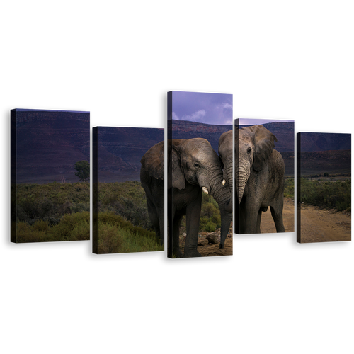 Elephants Kissing Canvas Print, Beautiful Elephant Profile 5 Piece Canvas Set, Green Scenery Animal Landscape Wall Art