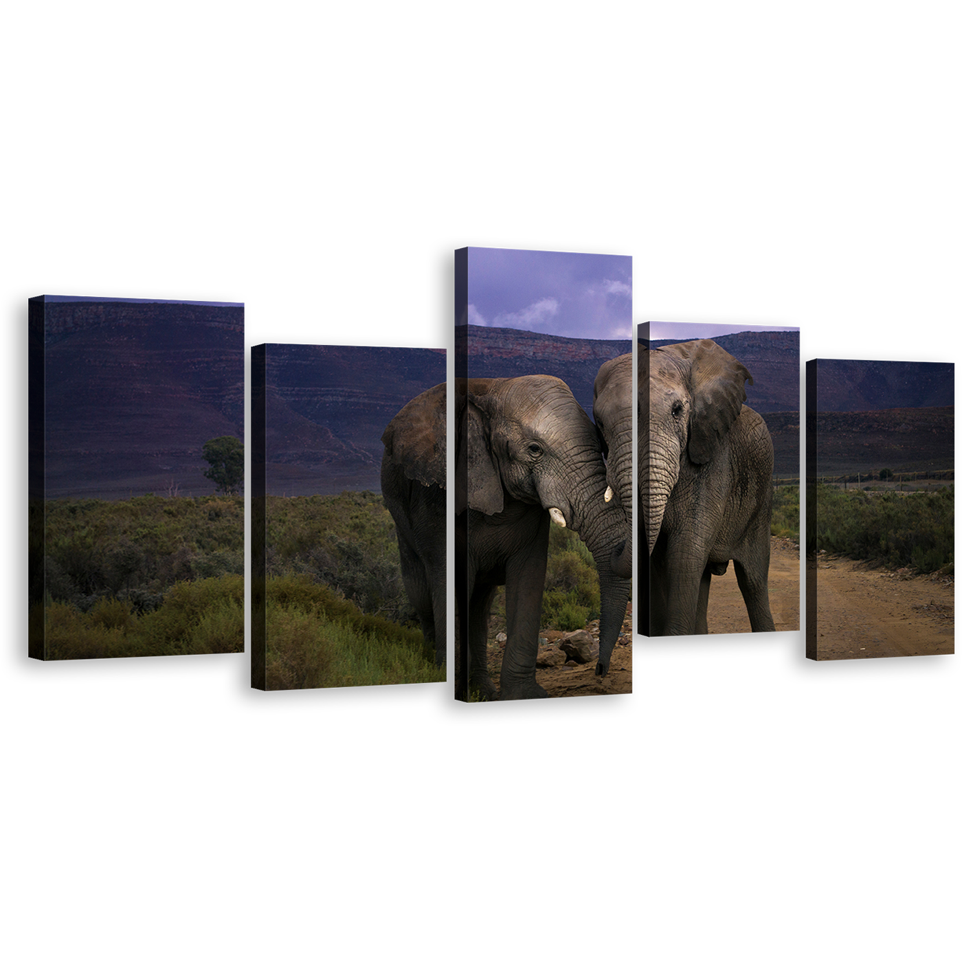 Elephants Kissing Canvas Print, Beautiful Elephant Profile 5 Piece Canvas Set, Green Scenery Animal Landscape Wall Art