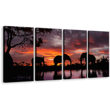 Load image into Gallery viewer, Elephants Lake Canvas Wall Art, Black Elephant Family 4 Piece Canvas Set, Elephants Orange Sunset Canvas Print
