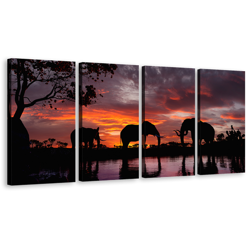 Elephants Lake Canvas Wall Art, Black Elephant Family 4 Piece Canvas Set, Elephants Orange Sunset Canvas Print