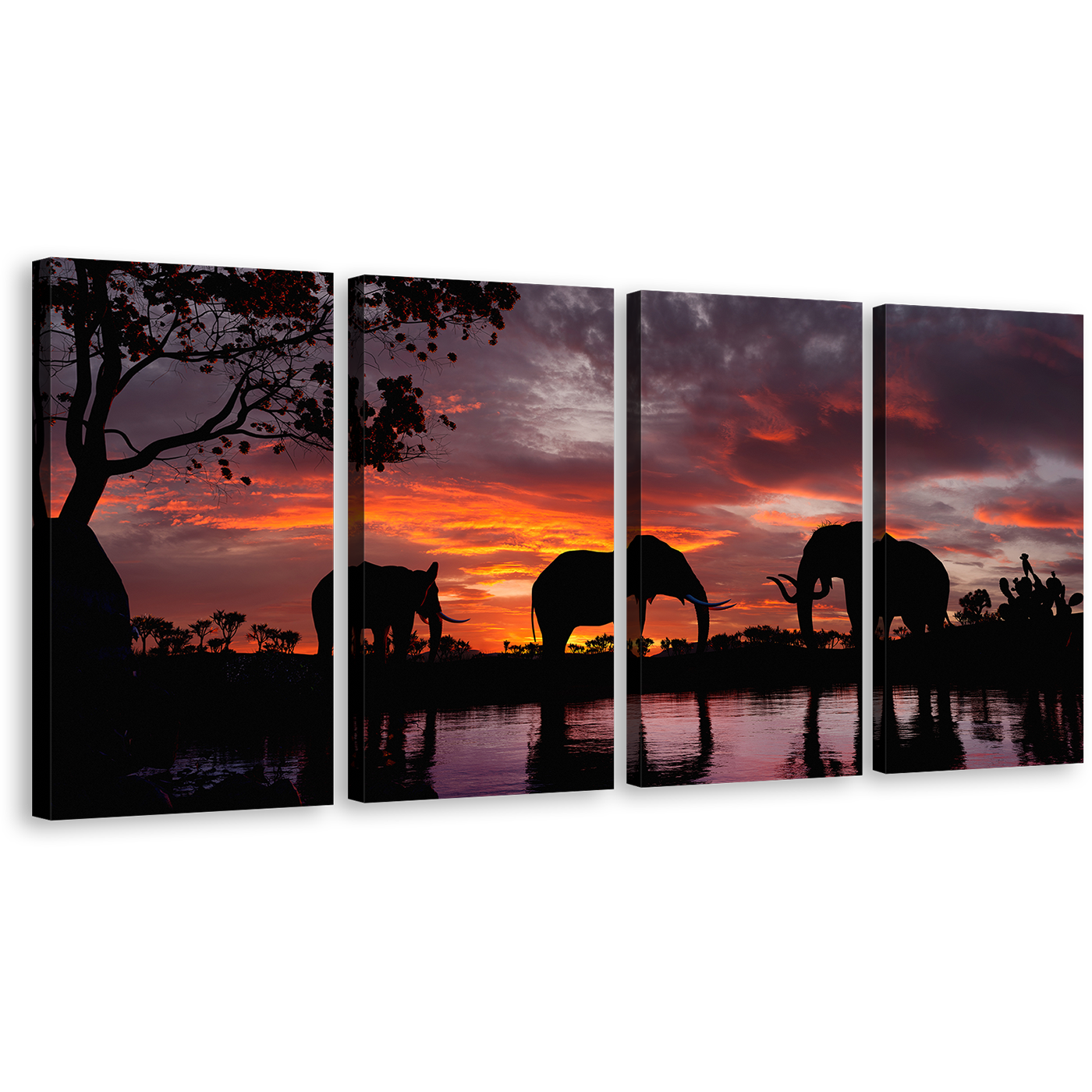 Elephants Lake Canvas Wall Art, Black Elephant Family 4 Piece Canvas Set, Elephants Orange Sunset Canvas Print