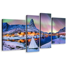 Load image into Gallery viewer, Enchanted Lofoten Canvas Print, Lofoten Island&#39;s Snowy Peaks under Blue Green Aurora Borealis 4 Piece Canvas Wall Art
