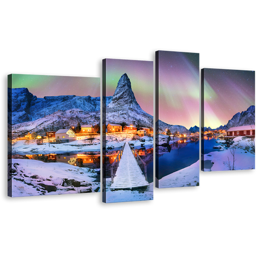 Enchanted Lofoten Canvas Print, Lofoten Island's Snowy Peaks under Blue Green Aurora Borealis 4 Piece Canvas Wall Art