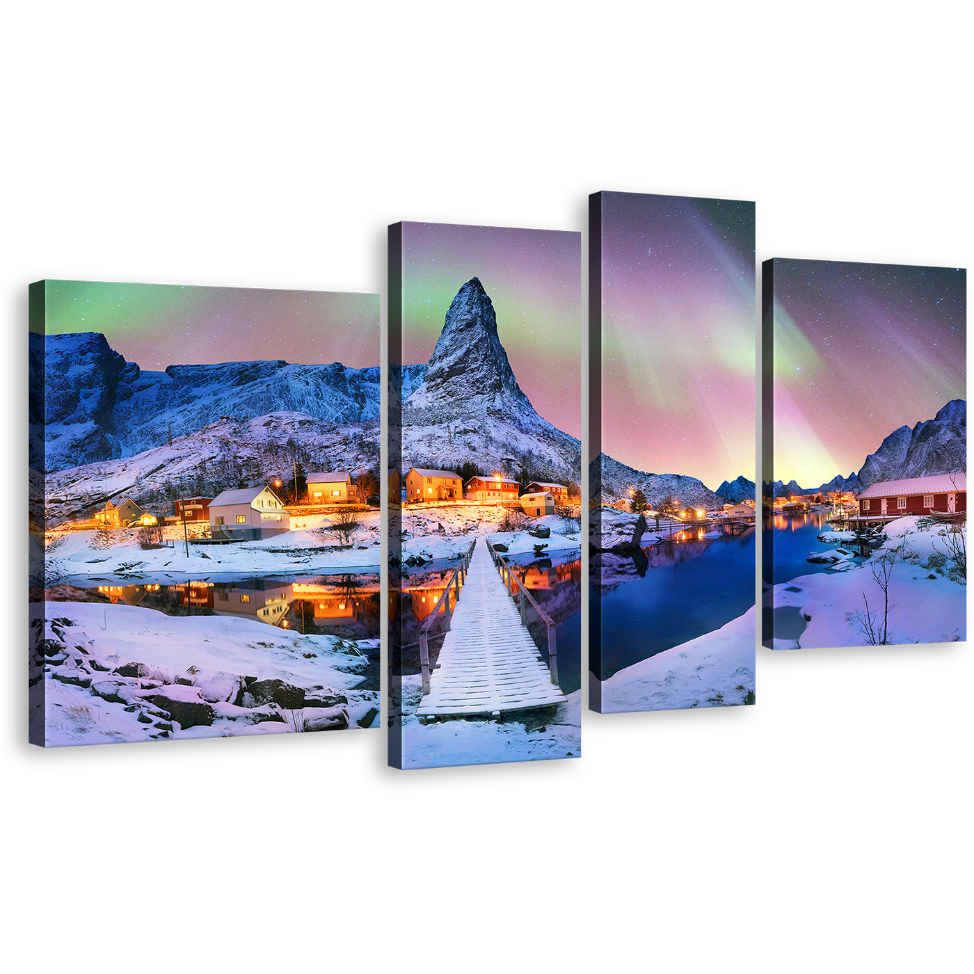 Enchanted Lofoten Canvas Print, Lofoten Island's Snowy Peaks under Blue Green Aurora Borealis 4 Piece Canvas Wall Art