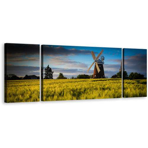 English Windmill Wall Art, Green Field Trees Scenery 3 Piece Canvas Set, Cloudy Blue Sky Old Windmill Canvas Print