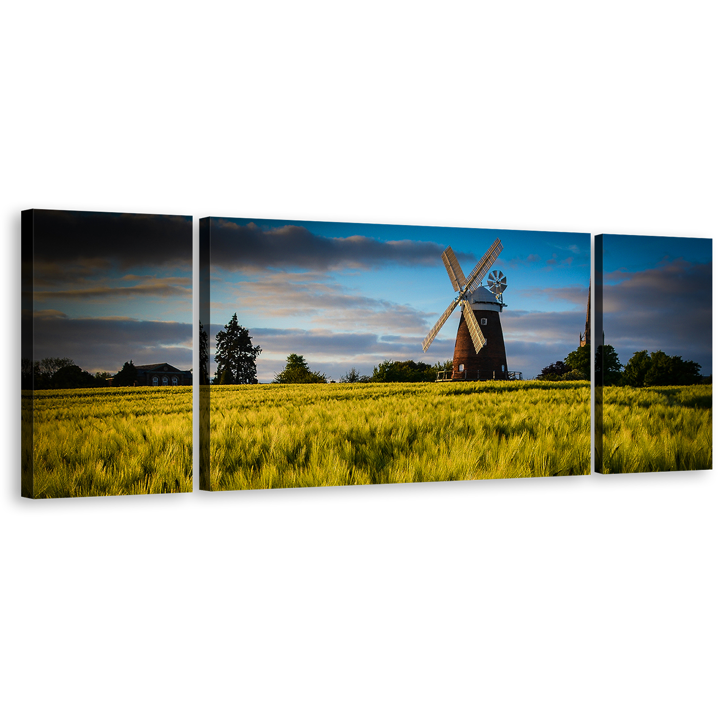 English Windmill Wall Art, Green Field Trees Scenery 3 Piece Canvas Set, Cloudy Blue Sky Old Windmill Canvas Print