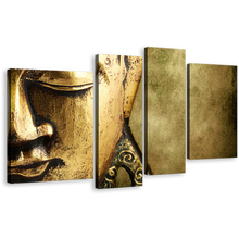 Load image into Gallery viewer, Enlightened Buddha Wall Art, Yellow Statue Close Up 4 Piece Canvas Set, Gold Buddha Meditation Canvas Print
