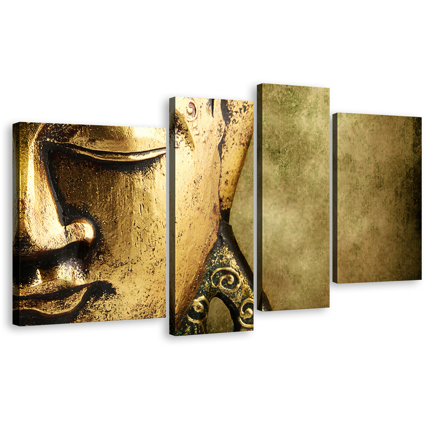 Enlightened Buddha Wall Art, Yellow Statue Close Up 4 Piece Canvas Set, Gold Buddha Meditation Canvas Print