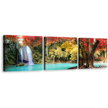 Load image into Gallery viewer, Erawan Falls Canvas Wall Art, Colorful Erawan National Park Nature 3 Piece Canvas Print, Thailand Waterfall Forest Triptych Canvas Set
