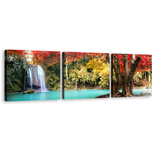 Erawan Falls Canvas Wall Art, Colorful Erawan National Park Nature 3 Piece Canvas Print, Thailand Waterfall Forest Triptych Canvas Set