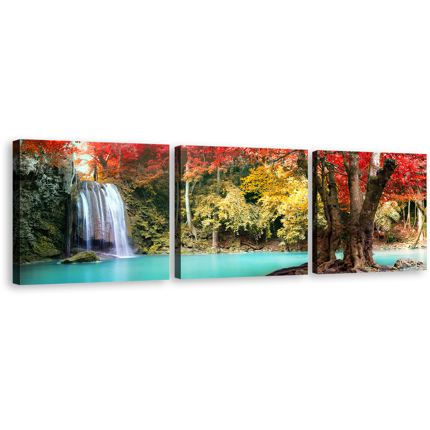 Erawan Falls Canvas Wall Art, Colorful Erawan National Park Nature 3 Piece Canvas Print, Thailand Waterfall Forest Triptych Canvas Set