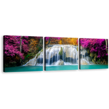 Load image into Gallery viewer, Erawan Falls Canvas Wall Art, Thailand Waterfall Canvas Print, Colorful Autumn Forest Waterfall 3 Piece Multi Canvas
